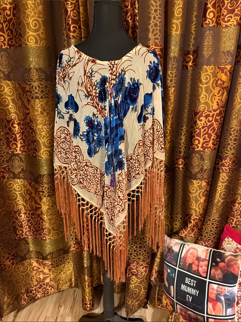 Bohemian Blue Floral Fringe Wrap/Poncho